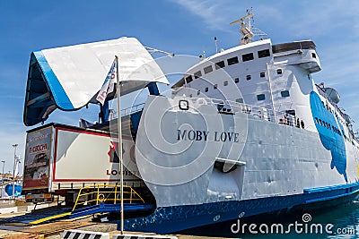 Passenger ferry Moby Love loading a truck Editorial Stock Photo