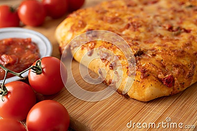 Italian Bread, Focaccia With Tomatoes and Bruschetta, Tomato Sauce Stock Photo