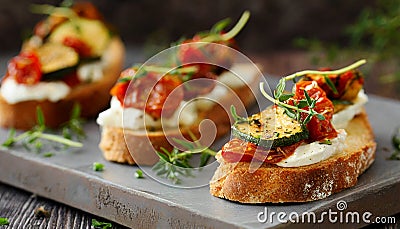 Italian bruschetta bread with cream cheese, zucchini and dried tomato with herbs. Canape with ricotta cheese Stock Photo