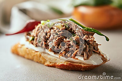 italian bruschetta with cream cheese and aromatic beef Stock Photo