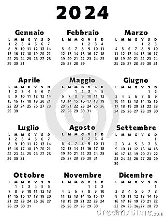 ITALIAN calendar for 2024 in black color. Printable, editable vector illustration for Italy Vector Illustration