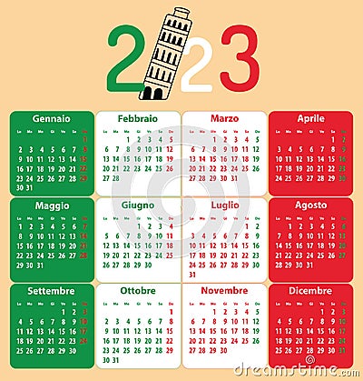 Italian calendar for 2023. Pisa leaning tower Vector Illustration