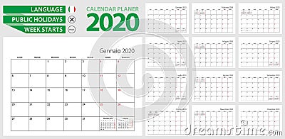 Italian calendar planner for 2020. Italian language, week starts from Monday. Vector calendar template for Italy, Switzerland, San Vector Illustration