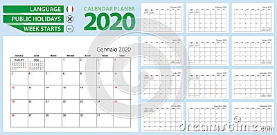 Italian calendar planner for 2020. Italian language, week starts from Sunday Vector Illustration