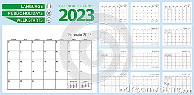 Italian calendar planner for 2023. Italian language, week starts from Sunday Vector Illustration