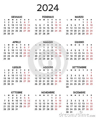 2024 italian calendar. Printable, editable vector illustration for Italy. 12 months year calendario Vector Illustration