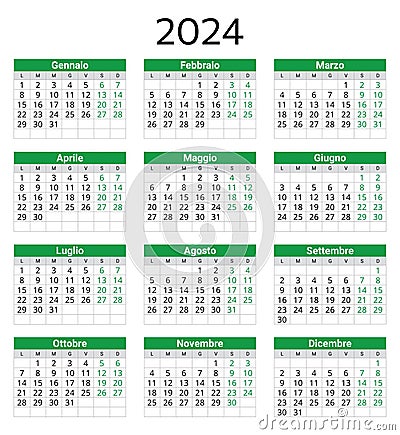 ITALIAN calendar for 2024. Printable, editable vector illustration for Italy. Vertical, in green color Vector Illustration