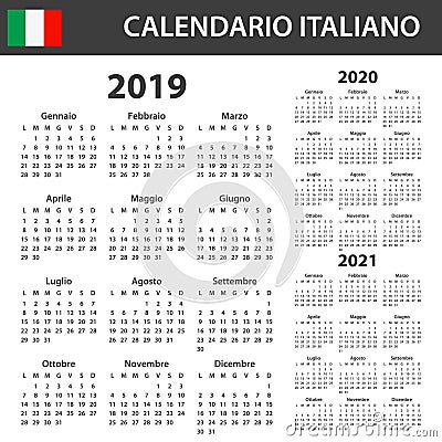 Italian Calendar for 2019, 2020 and 2021. Scheduler, agenda or diary template. Week starts on Monday Vector Illustration