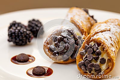 Italian cannoli on white plate with blackberries and chocolate chips Stock Photo