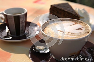 Italian cappuccino, espresso and cake Stock Photo