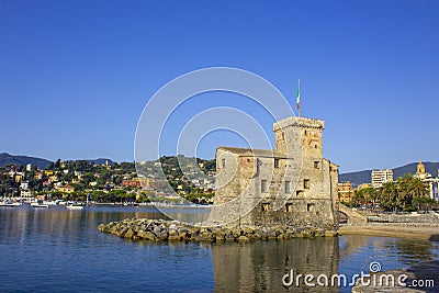 Italian castles on sea italian flag - castle of Rapallo , Liguria Genoa Tigullio gulf near Portofino Italy . Stock Photo