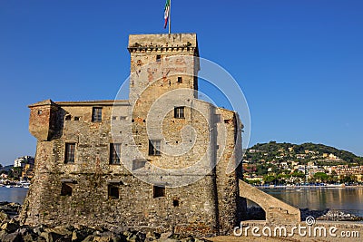 Italian castles on sea italian flag - castle of Rapallo , Liguria Genoa Tigullio gulf near Portofino Italy . Stock Photo