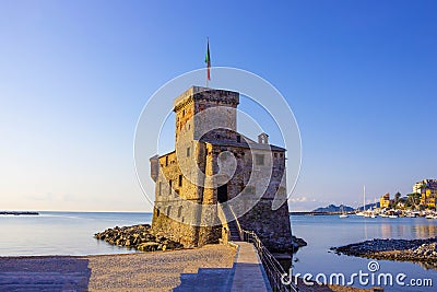 Italian castles on sea italian flag - castle of Rapallo , Liguria Genoa Tigullio gulf near Portofino Italy . Stock Photo