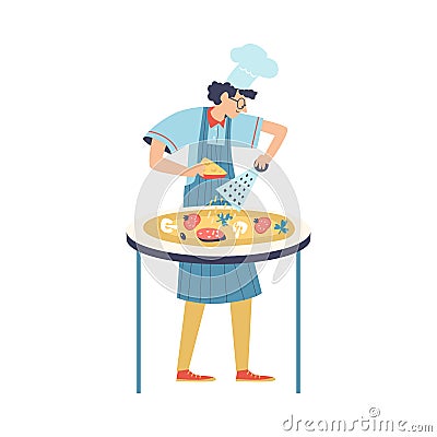 Italian chef cook grating cheese on pizza, flat vector illustration isolated. Vector Illustration