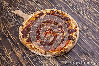 Italian Chef Cooked Pizza with Lots of Bacon and Grilled Mince Stock Photo