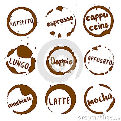 Italian coffee collection of round watercolor. Vector Illustration