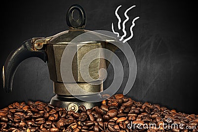 Italian Coffee Maker and Coffee Beans in a blackboard Stock Photo
