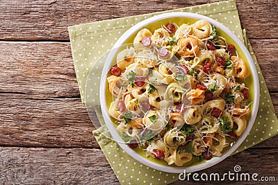 Italian colored tortellini with parmesan and sliced sausages close-up. horizontal top view Stock Photo