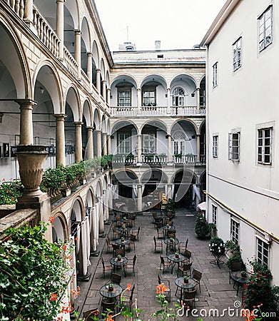 Italian courtyard with arcade n Lviv, Ukraine Stock Photo