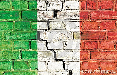 Italian crisis concept image: Italy national flag painted on a cracked grungy brick wall. Stock Photo