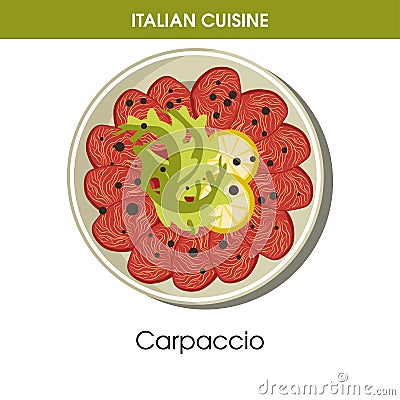 Italian cuisine Carpaccio meat or fish appetizer vector icon for restaurant menu or cooking recipe template Vector Illustration