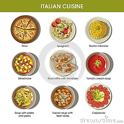 Italian cuisine flat colorful poster with traditional dishes Vector Illustration