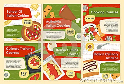 Italian cuisine online course, social media post set Vector Illustration