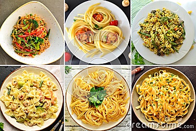 Italian Cuisine. Pasta Varieties of pasta and dishes. Food collage. Collage Pasta in the plate. top view Stock Photo