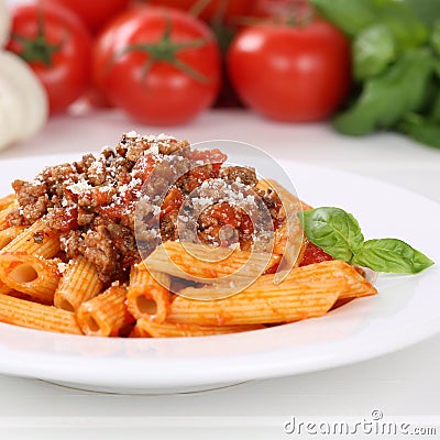 Italian cuisine Penne Rigate Bolognese sauce noodles pasta meal Stock Photo