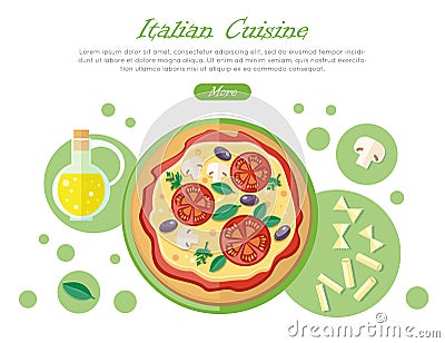 Italian Cuisine Web Banner. Pizza with Tomatoes Vector Illustration