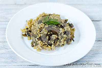 Italian dish Risotto. Garnish dish with mushrooms. Stock Photo