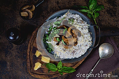 Italian dish risotto with mushrooms and herbs Stock Photo