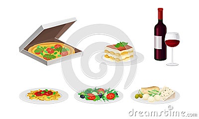 Italian Dishes with Pasta and Pizza Served on Plates Side View Vector Set Vector Illustration