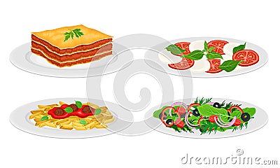 Italian Dishes with Vegetable Salad and Pasta with Tomato Sauce Served on Plates Side View Vector Set Vector Illustration