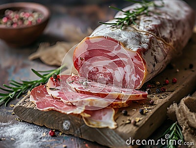 Italian dried meat mortadella on a wooden board. S.lices of fresh Italian salami. Close-up, bokeh in the background Stock Photo