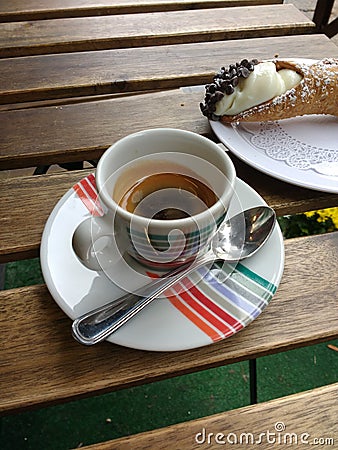 Italian Espresso and Authentic Cannoli Sweet Dessert Stock Photo