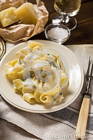 Fettuccine Pasta Plate with Creamy Alfredo Sauce Stock Photo