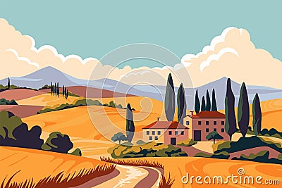 Italian fields landscape. Cartoon countryside panorama with Tuscany hills and village houses, rural valley with trees Vector Illustration