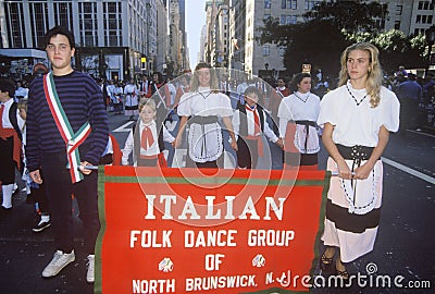 Italian Folk Dance Group Marching in Columbus Day Parade, New York City, New York Editorial Stock Photo