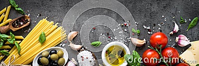 Italian Food background on black stone table. Top view. Stock Photo