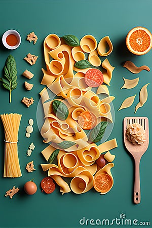 Italian food background. Pasta, vegetables, spices on green background Stock Photo