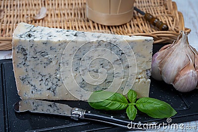 Italian food, buttery or firm blue cheese made from cow milk in Gorgonzola, Milan, Italy Stock Photo