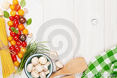 Italian food cooking ingredients. Pasta, vegetables, spices Stock Photo
