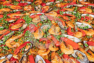 Italian food , delicious meal with shrimp , Mussel and spices pepper seafood in huge frying pan for sale at weekend street food Stock Photo