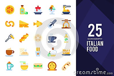 25 Italian Food Flat icon pack. vector illustration Vector Illustration
