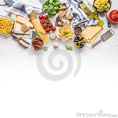 Italian food ingredients pasta olive oil parmesan cheese basil g Stock Photo