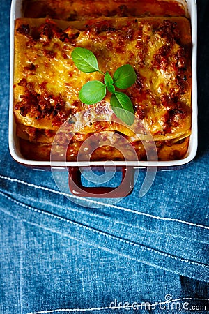 Italian Food. Lasagna plate. Top view. Stock Photo