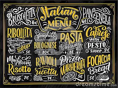 Italian food menu - names of dishes. Lettering phrases for your design, stylized drawing with chalk. Cartoon Illustration