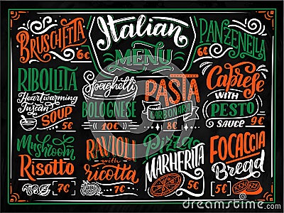 Italian food menu - names of dishes. Lettering phrases for your design, stylized drawing with chalk. Cartoon Illustration