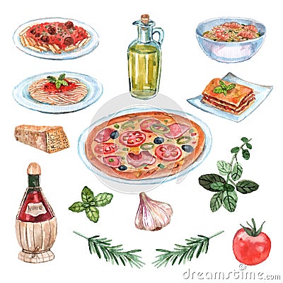 Italian Food Watercolor Set Vector Illustration